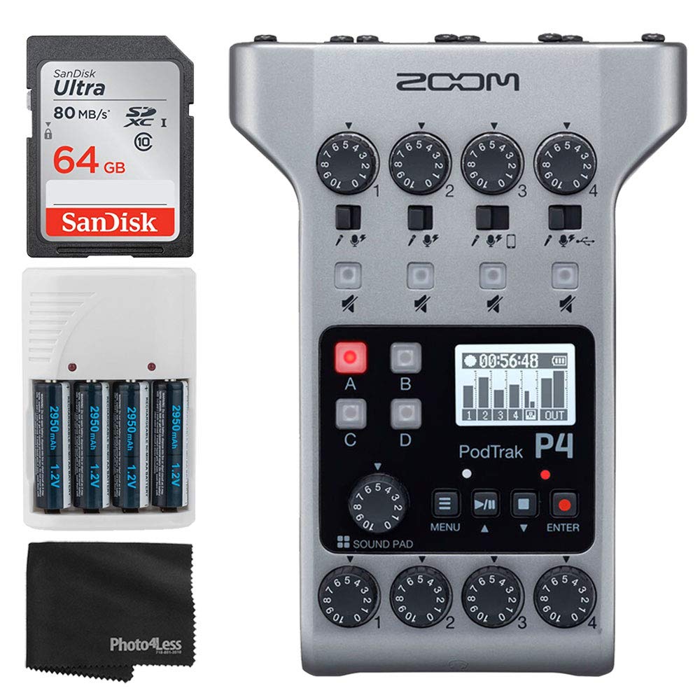 Zoom PodTrak P4 Portable Multitrack Podcast Recorder + 64GB Ultra SDXC Memory Card + 4X AA Batteries & Charger + Cleaning Cloth – Ultimate Podcasting Bundle